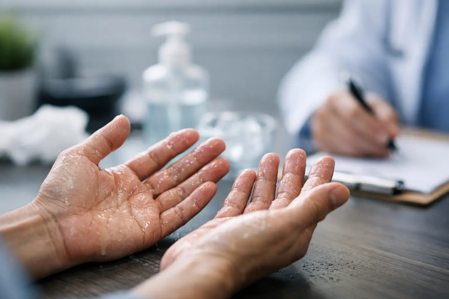 Mãos suadas em consulta médica — hiperidrose palmar