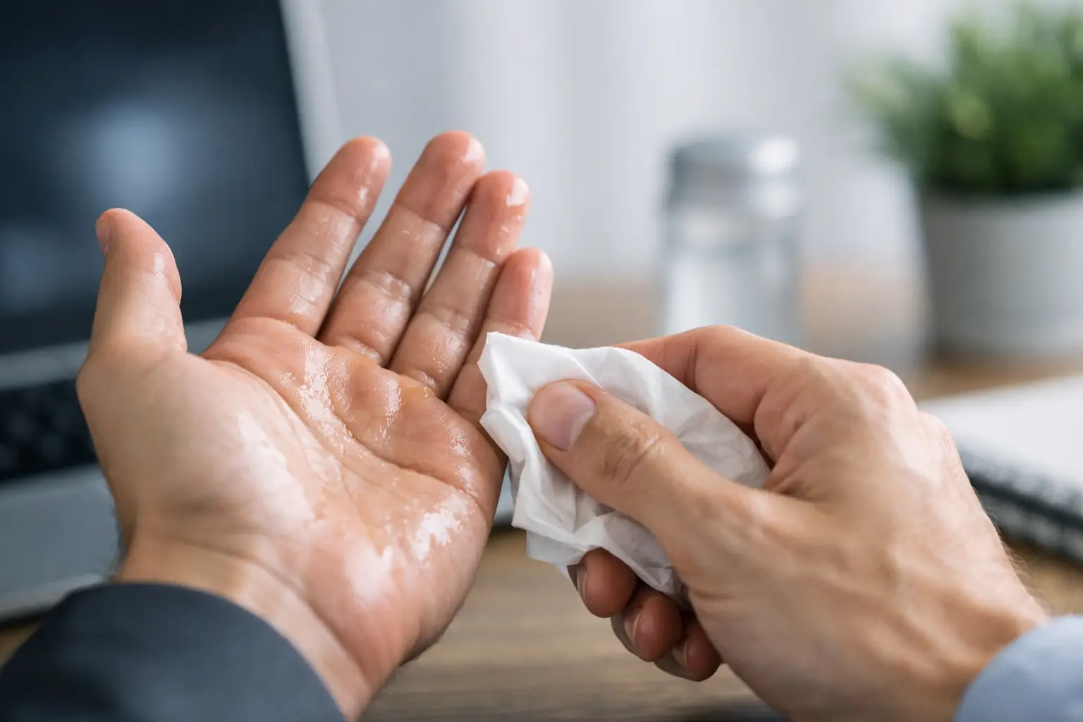 Pessoa enxugando mão suada com lenço em ambiente de trabalho