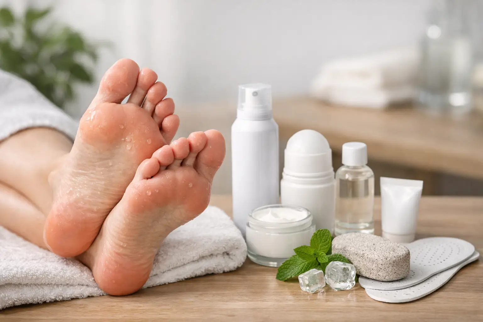 Pés relaxados sobre toalha ao lado de antitranspirantes, creme e palmilhas para suor nos pés
