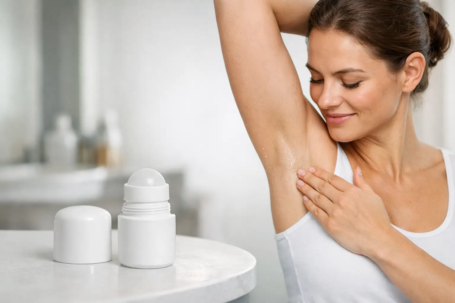 Mulher aplicando antitranspirante roll-on na axila ao lado de frasco branco em bancada de banheiro