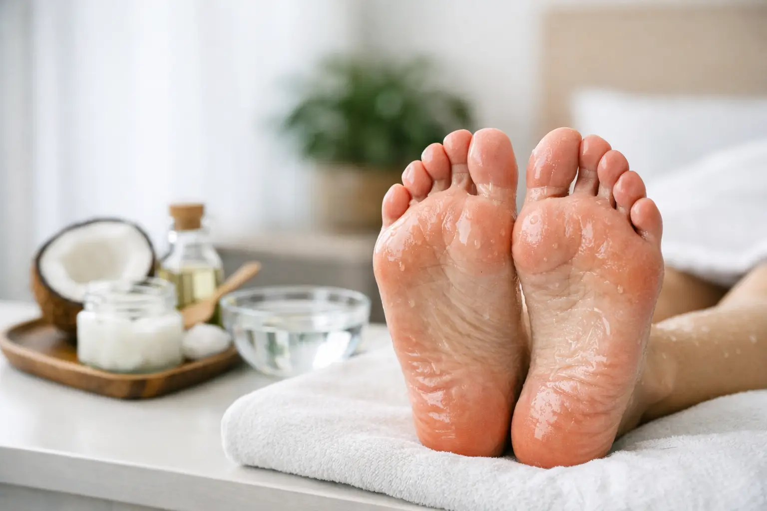 Pés úmidos sobre toalha branca ao lado de coco, óleo e tigela de água, representando tratamento caseiro para hiperidrose plantar