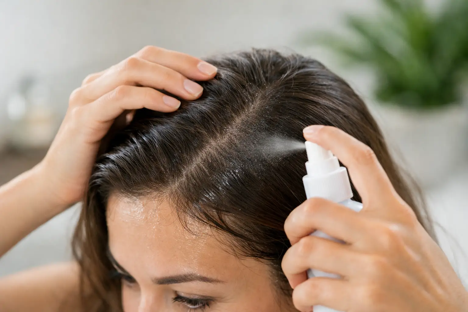 Mulher aplicando produto no couro cabeludo para controlar suor excessivo