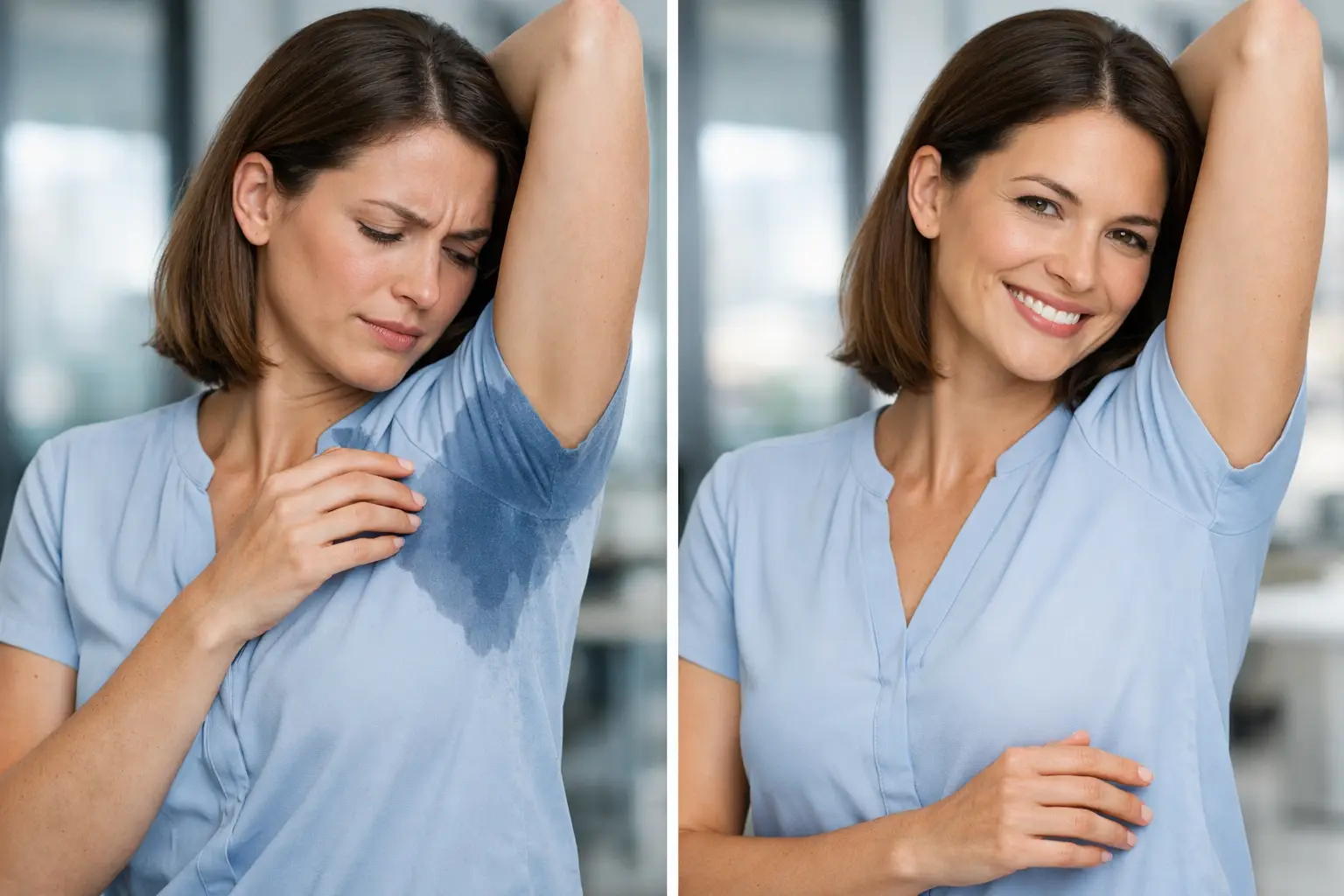 Antes e depois do controle do suor nas axilas — mulher com camisa marcada e depois confiante e seca