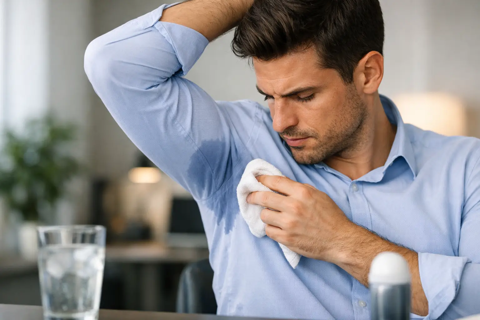 Homem preocupado com mancha de suor na axila da camisa