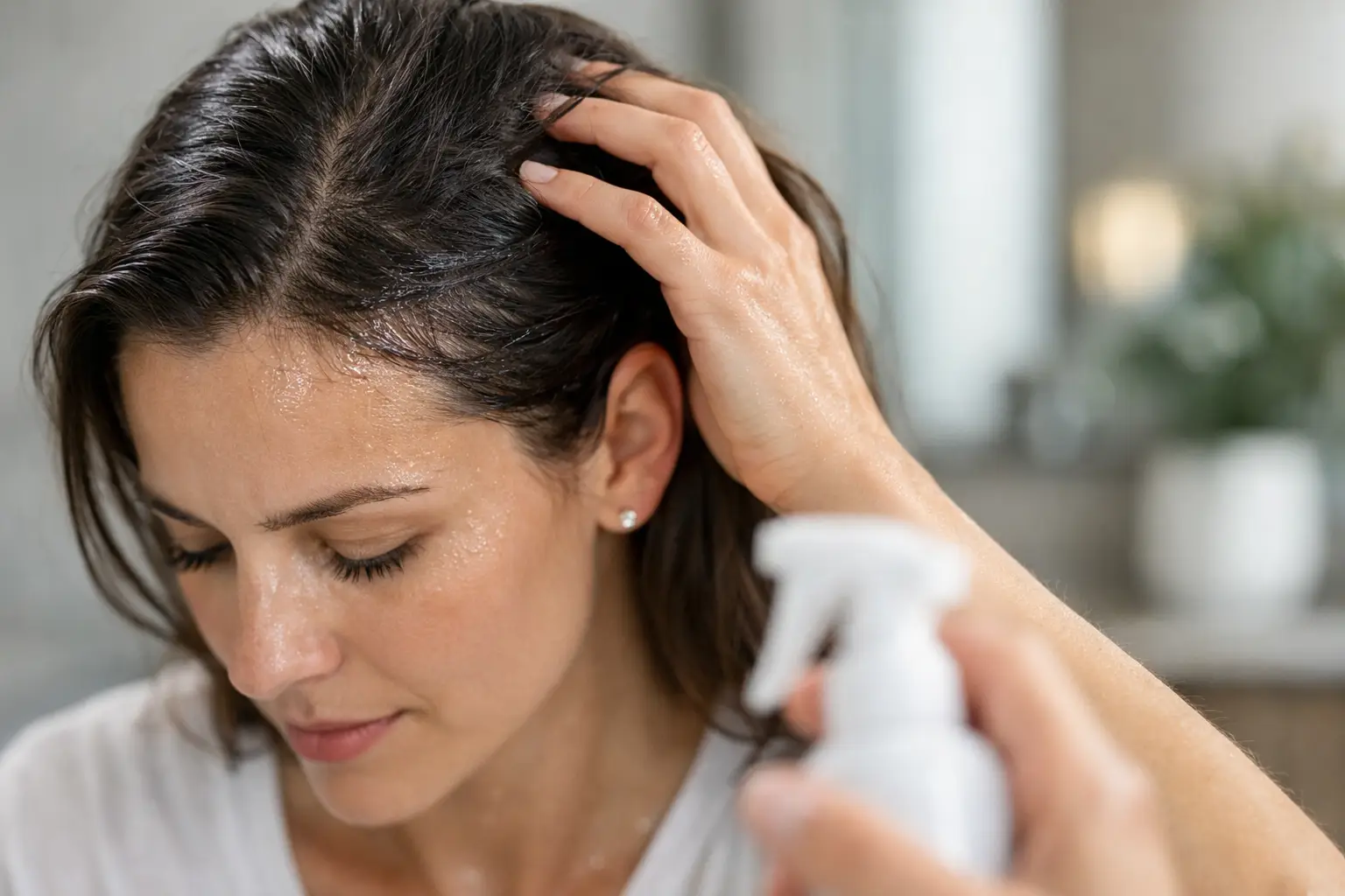 Mulher aplicando produto no couro cabeludo para controlar suor excessivo