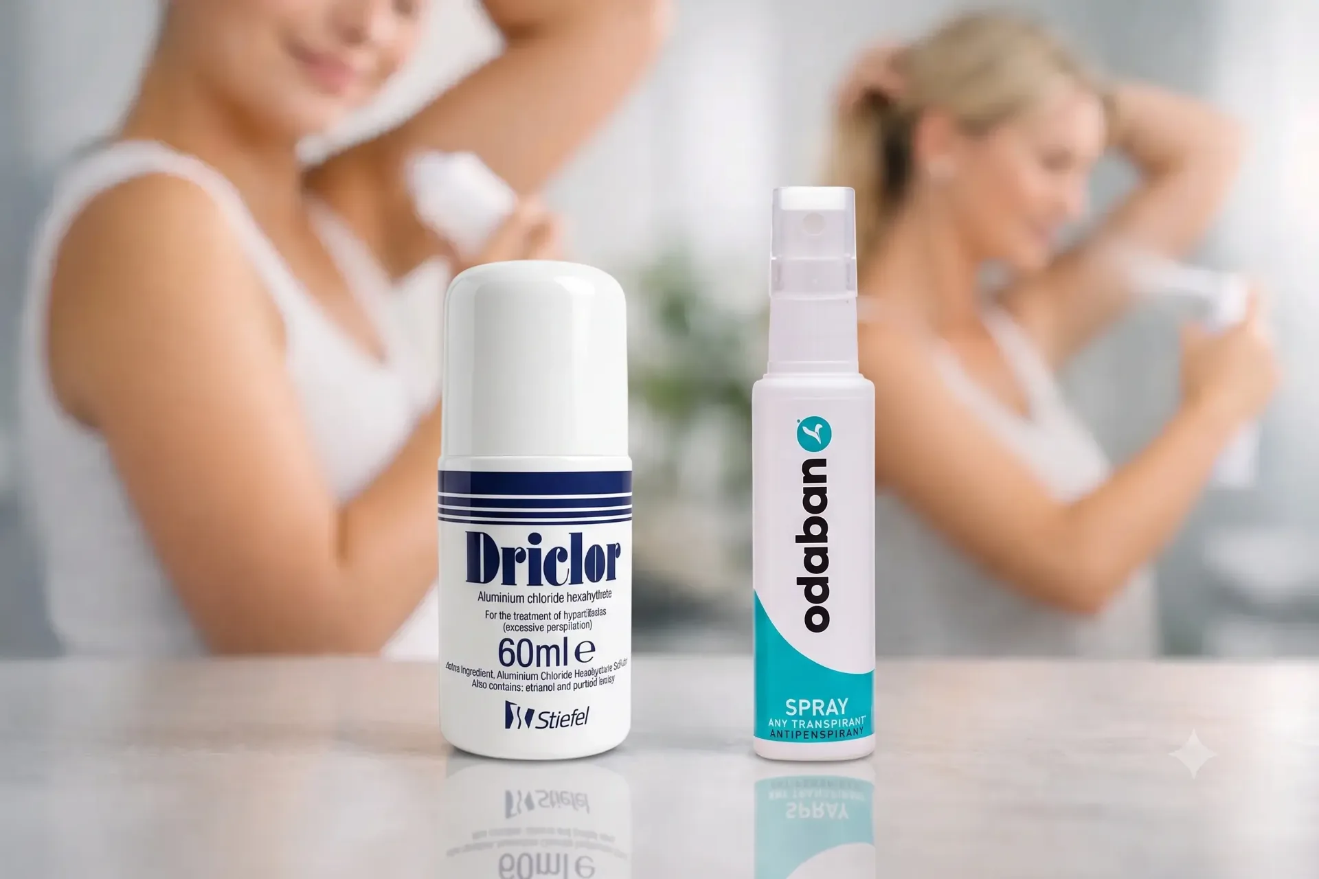 Frasco de Driclor 60ml e frasco de Odaban spray lado a lado sobre bancada de banheiro