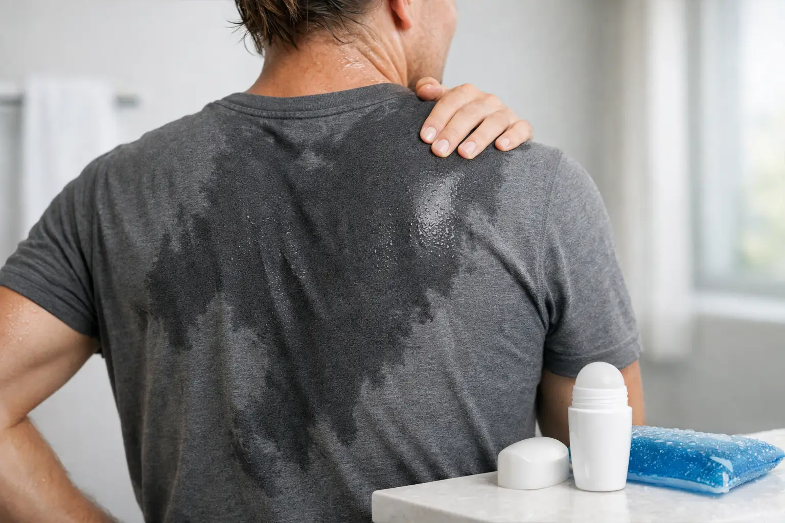 Homem de camiseta cinza com grande mancha de suor nas costas ao lado de antitranspirante