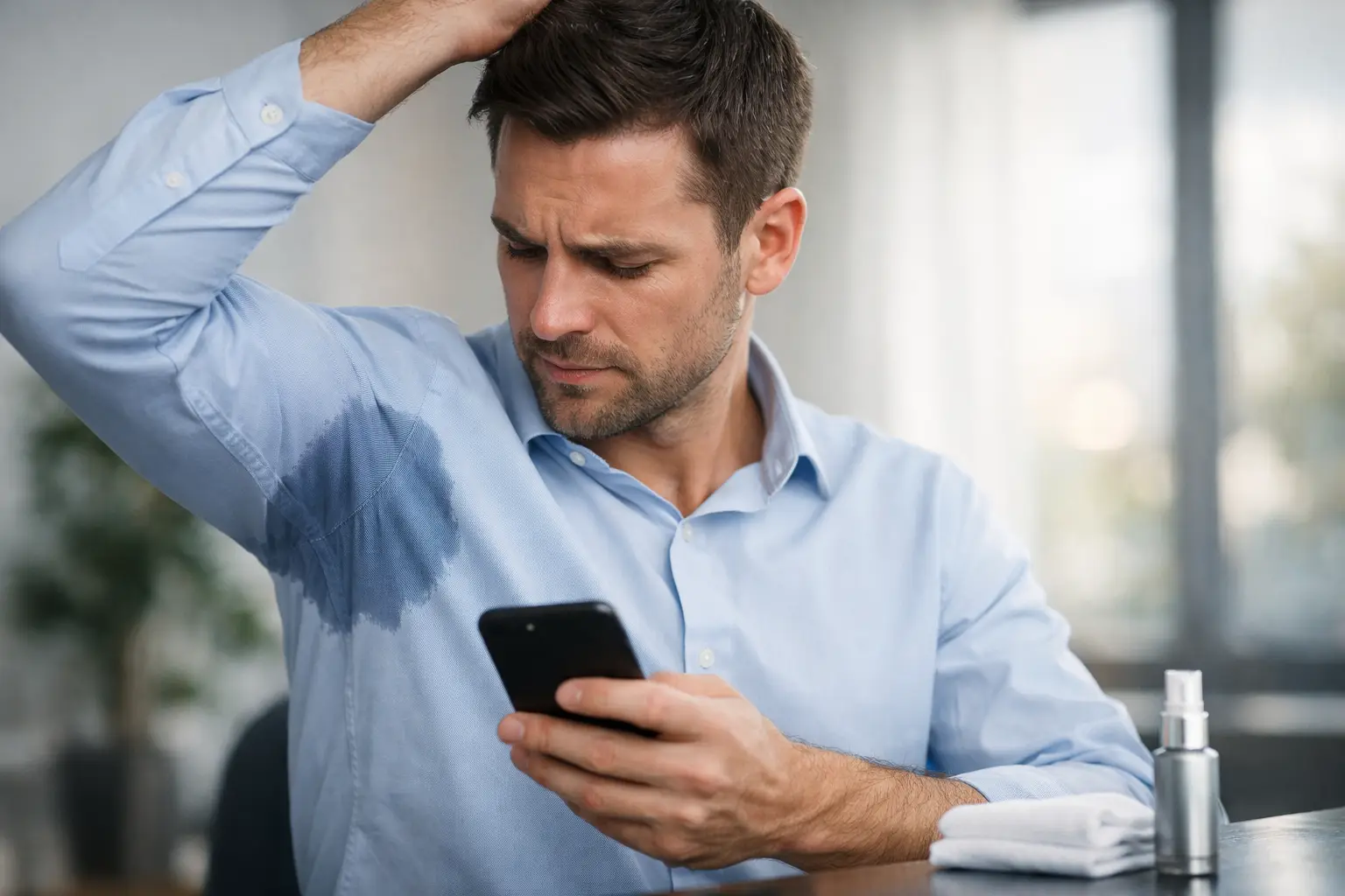 Homem de camisa azul com mancha de suor na axila olhando o celular, ilustrando hiperidrose e suor excessivo
