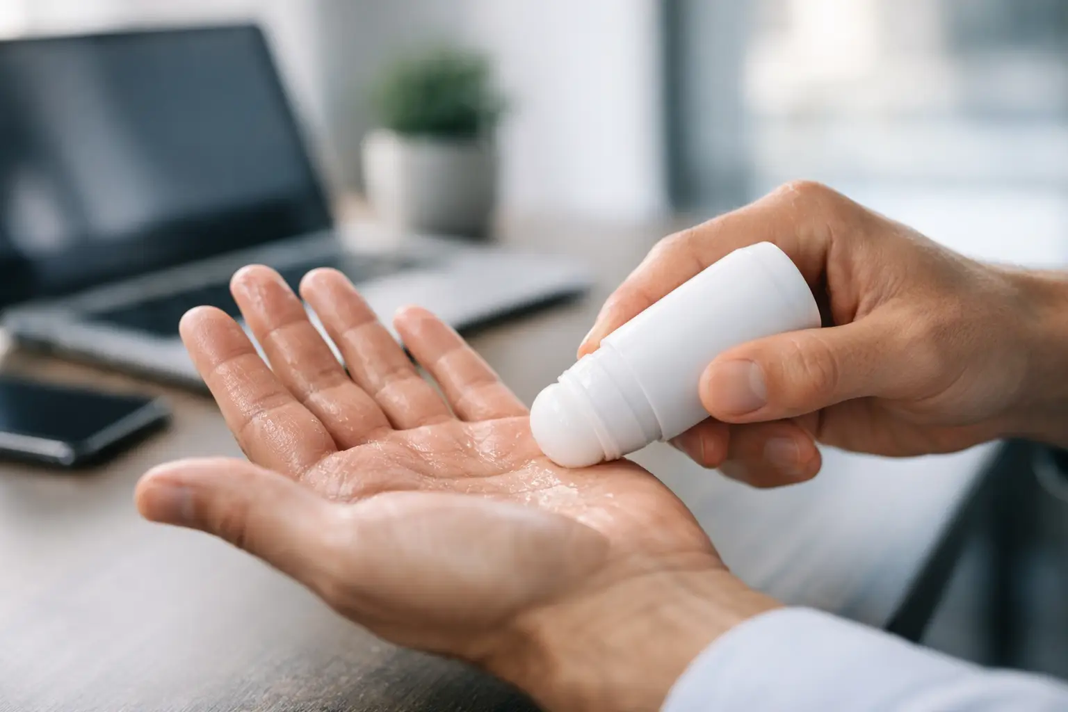 Pessoa aplicando antitranspirante roll-on na palma da mão suada sobre uma mesa de escritório